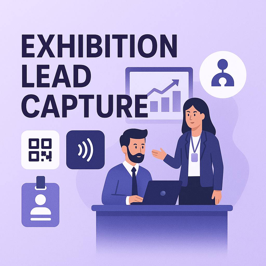 Illustration of exhibition lead capture solution with QR code, NFC, and badge icons, showing trade show booth representatives using digital tools to collect visitor data — modern flat design on purple background.